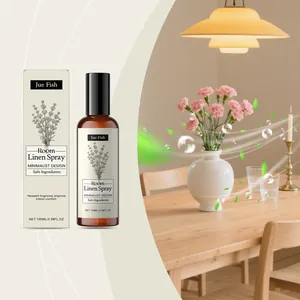 Lavender room linen spray bottle with box in a warm home dining room setting.