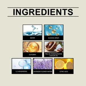 Detail view of indoor lavender fragrance spray ingredients including lavender flower water
