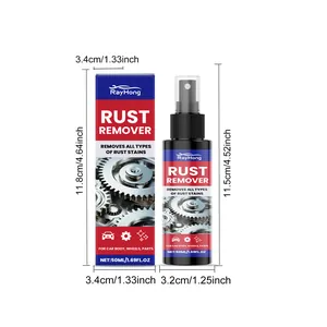 Detailed dimension specs for RayHong 50ml automotive rust remover spray and box.