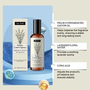 Detailed ingredient breakdown for Jue Fish lavender room and linen spray bottle.