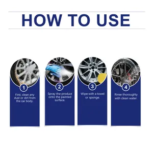 Four-step visual guide on how to use the car wheel rust removal and polishing spray