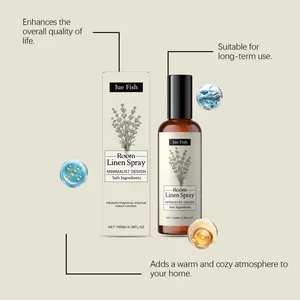 Professional detail view of JUE FISH lavender linen spray with packaging box and 100ml bottle