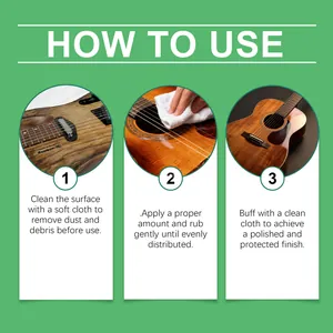 Detailed instruction infographic showing how to apply maintenance wax to a wooden guitar
