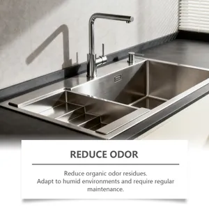 Close-up of a modern stainless steel double basin sink in a clean kitchen setting