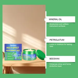 Macro detail showing instrument wax ingredients: mineral oil, petrolatum, and beeswax.