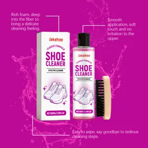 Detailed view of Jakehoe shoe cleaner bottle, packaging box and wooden brush set