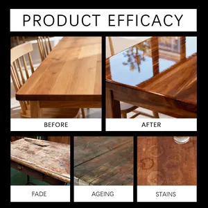Before and after comparison of wood furniture wax showing scratch repair and high gloss