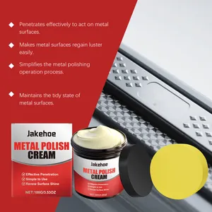 Detailed macro view showing Jakehoe metal polish cream jar and yellow applicator sponge
