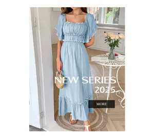 Elegant light blue ruffle maxi dress for summer vacation lifestyle close-up detail