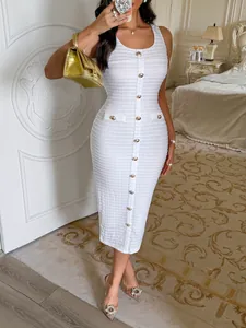 Elegant white textured sleeveless bodycon midi dress with decorative gold buttons