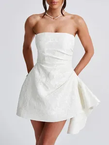 Elegant white French style strapless mini dress with intricate jacquard texture
