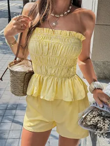 Bohemian yellow and white striped smocked tube top and matching ruffled shorts set