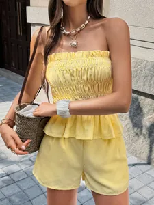 Chic yellow and white striped tube top with ruffle detail and matching summer shorts