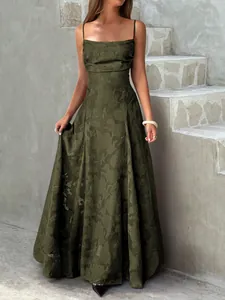 Elegant olive green floral jacquard maxi dress featuring a chic spaghetti strap square neckline.