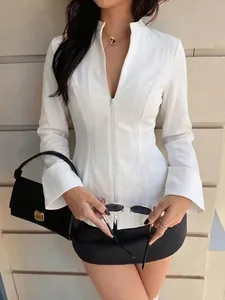 Women Stand Collar Flare Sleeve Top Slim Fit Waisted Zipper Short Blouse Solid Color Polyester Casual Elegant Summer Shirt