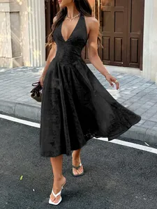 Elegant black sleeveless midi dress with deep V-neck and jacquard texture for summer.