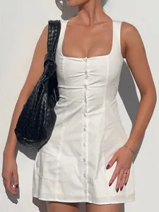 Elegant white square neck sleeveless button-down mini dress for summer fashion women