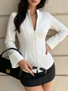 Elegant slim-fit white zip-up jacket with stand-up collar for women's summer office style
