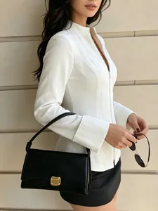 Detailed view of white slim-fit stand-collar jacket with zipper and flared sleeves