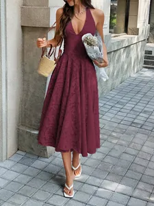 Elegant deep V-neck sleeveless jacquard midi dress in burgundy perfect for vacation wear.
