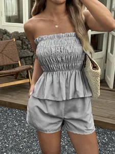 Chic European summer casual striped tube top and ruffled shorts two-piece set for women.