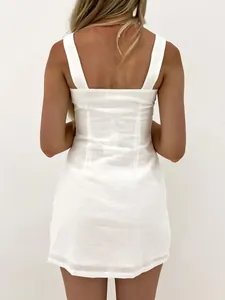 Detailed back view of an elegant white square neck sleeveless dress with fitted waist