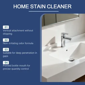 Infographic showing features of home stain cleaning gel in a bathroom sink setting