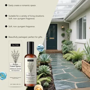 Detailed view of Jue Fish lavender room linen spray bottle and packaging in a home setting