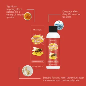 Infographic voor MoonSpry 100ml fruitvlieglokaas met fles en doos en belangrijke productvoordelen.