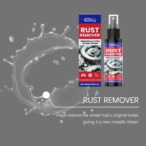 Detail view of Rayhong rust remover spray bottle and box for car wheel restoration.