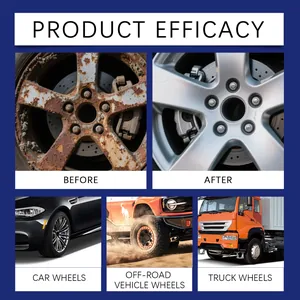 Close-up comparison of rust removal spray efficacy on car and truck wheel hubs
