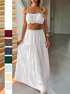 Ensemble Jupe Deux Pièces Femme Décontracté Vacances en Viscose Top Cami à Volants et Jupe Longue à Étages Bohème Été Plage Top Et Bottom