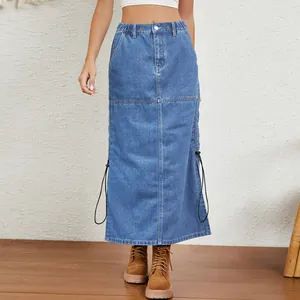 Full view of washed blue denim midi skirt with elastic waist and side drawstrings