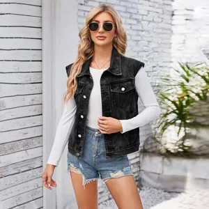Classic washed black denim vest for women sleeveless jacket in outdoor fashion setting