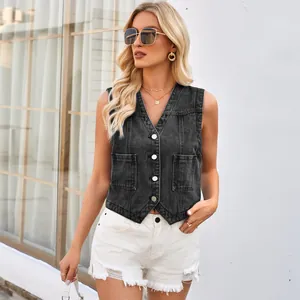 Women's slim fit collarless washed black denim vest for a stylish streetwear look