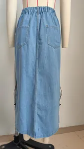 Back view of a light blue washed denim midi skirt with elastic waist on a mannequin