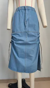 Light blue wash denim midi skirt with adjustable side drawstrings and elastic waist