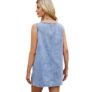 Back view of a casual sleeveless light blue washed denim mini dress for summer fashion