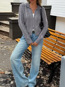 French style gray cable knit long sleeve cardigan sweater with wide leg jeans
