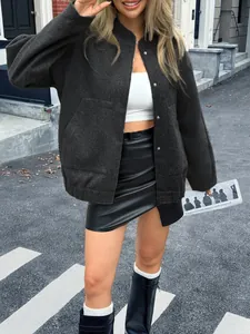 Casual French style solid color oversized long sleeve jacket for women in charcoal grey