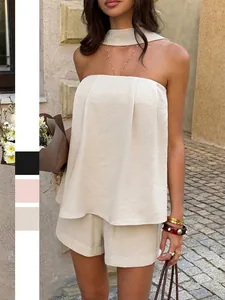 Women Halter Neck Top And Bottom Set Pleated Polyester Sleeveless Two Piece Outfits Summer Vacation Casual Elegant Beachwear