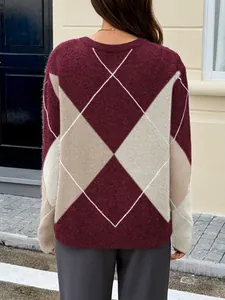 Detailed back view of a burgundy and beige argyle knit sweater for women, fall fashion