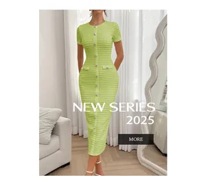 Elegant slim-fit lime green knit maxi dress with button details and short sleeves.