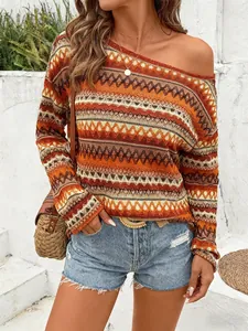 Women Bohemian Retro Striped Knitted T-Shirt Off-Shoulder Slash Neck Long Sleeve Tassel Top Casual Elegant Summer Shirt