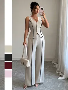 Set Gilet Senza Maniche e Pantaloni a Gamba Larga da Donna Bordo a Contrasto Stile Urbano Completo Due Pezzi in Poliestere
