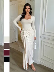 Robe Longue Élégante pour Femmes Manches Longues Couleur Unie Col en U Robe en Maille Moulante avec Nœud pour Vacances