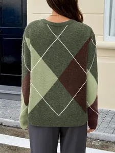 Detailed back view of women's long-sleeved sweater with green and brown argyle pattern