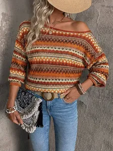 Bohemian retro striped boat neck knit top featured in a stylish lifestyle setting.