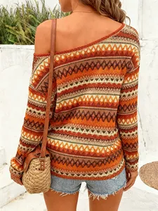 Close-up back view of a bohemian striped off-shoulder knitted top with vibrant patterns