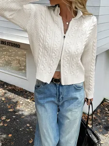 Elegant French style white cable knit zip-up long sleeve cardigan sweater for women